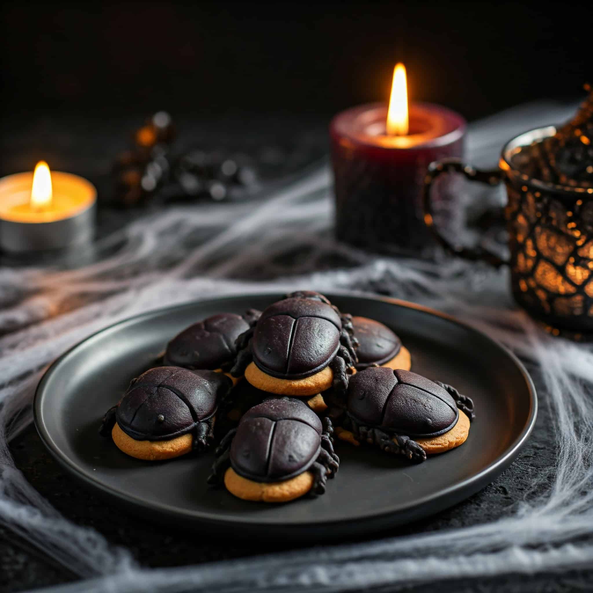 A plate of spooky beetle cookies, perfect for an Addams Family-themed Halloween party