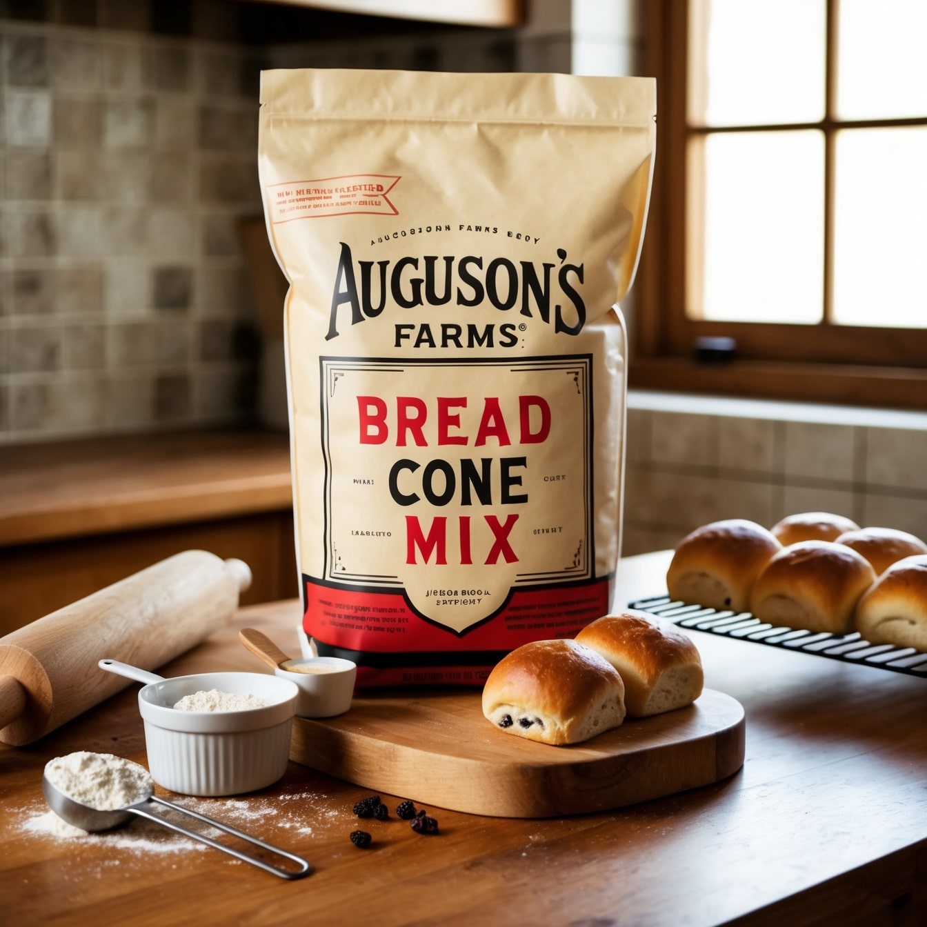 A bag of Augason Farms Bread Scone Roll Mix on a kitchen counter with freshly baked rolls, flour, and a rolling pin.