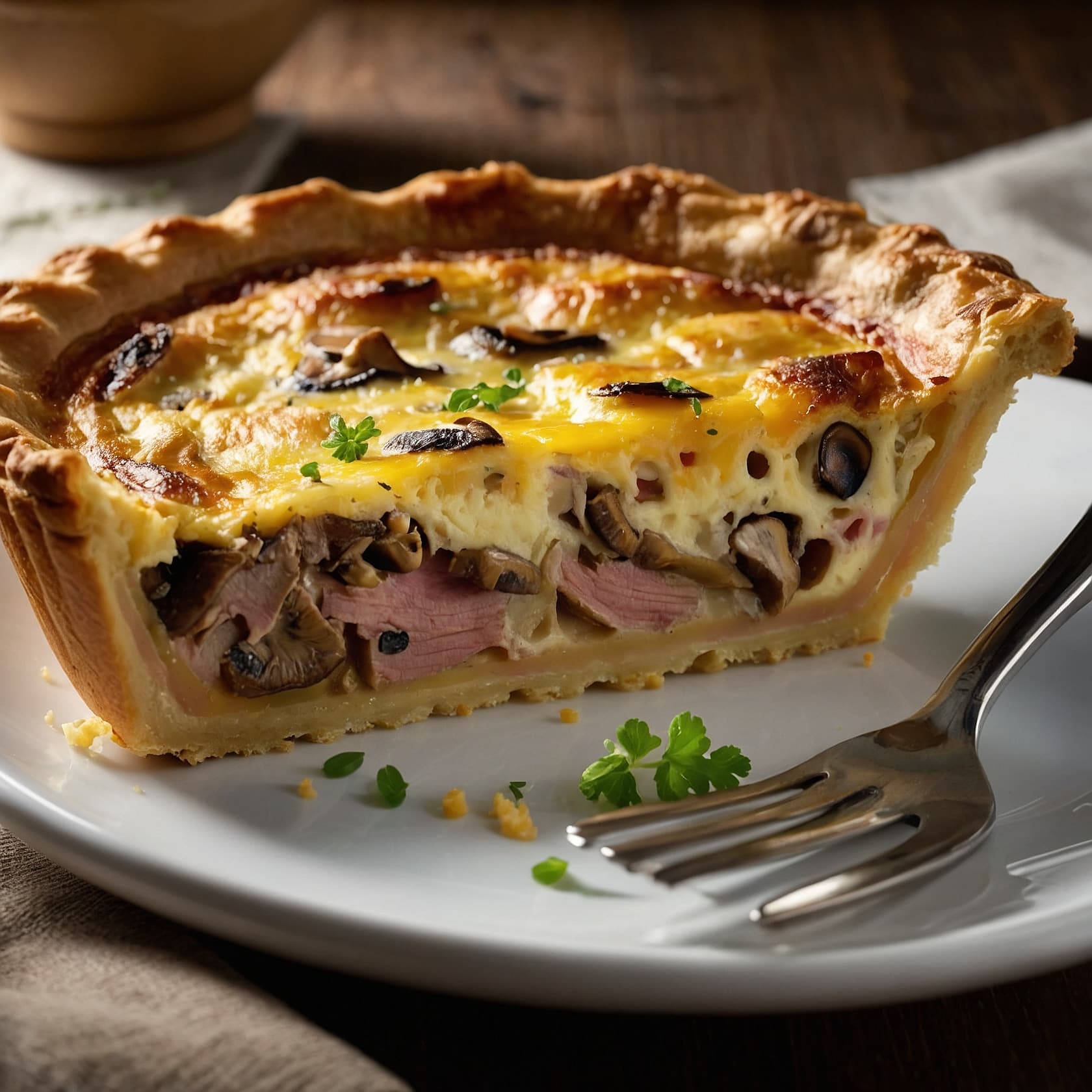 Beef Ham, Mushroom, and 3-Cheese Quiche