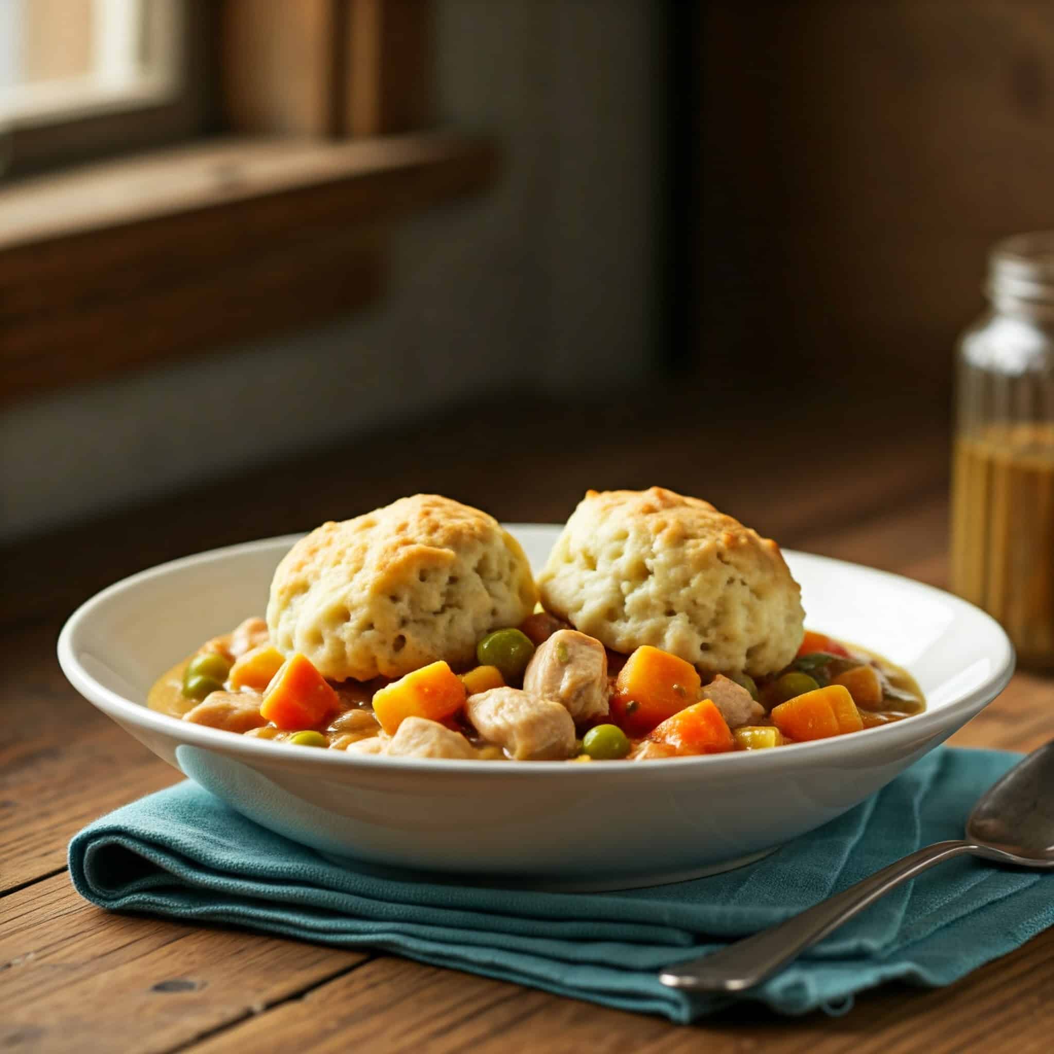 A bowl of chicken and vegetable stew with two golden-brown Bisquick dumplings on top, served with a spoon and a blue napkin