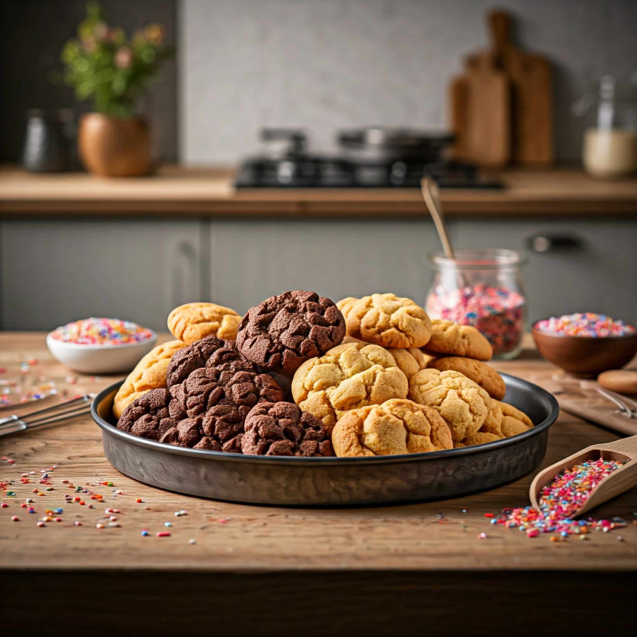 A tray of golden and chocolate Crumbl cookies on a wooden table, surrounded by bowls of colorful sprinkles