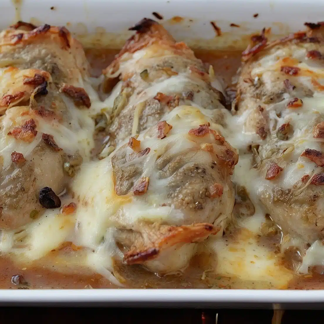 Tender chicken breasts baked in a creamy French onion sauce and topped with melted cheese.