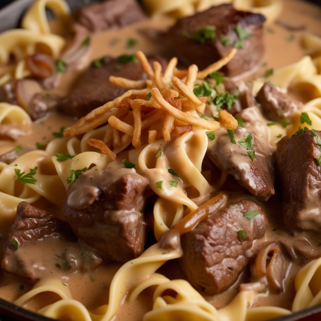 French onion beef and noodles dish