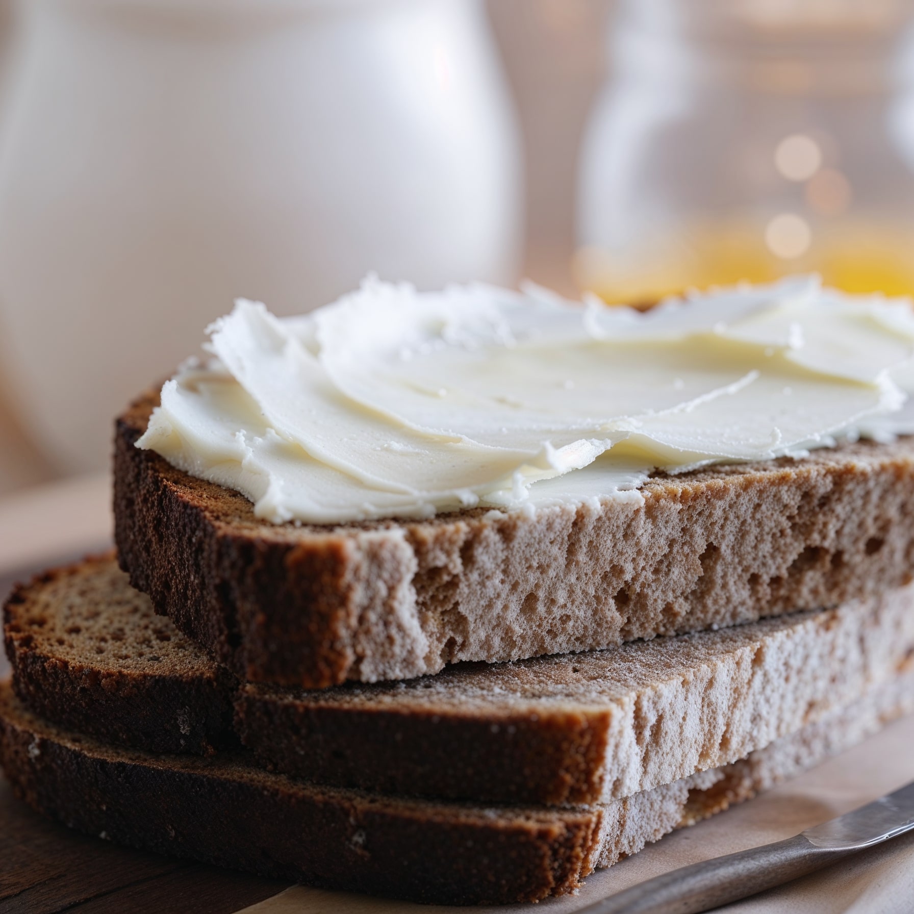 Two slices of dark rye bread topped with a generous spread of creamy, lactose-free cream cheese.