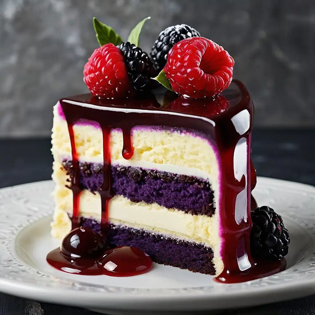 A slice of purple velvet cake topped with fresh berries and a glossy berry glaze