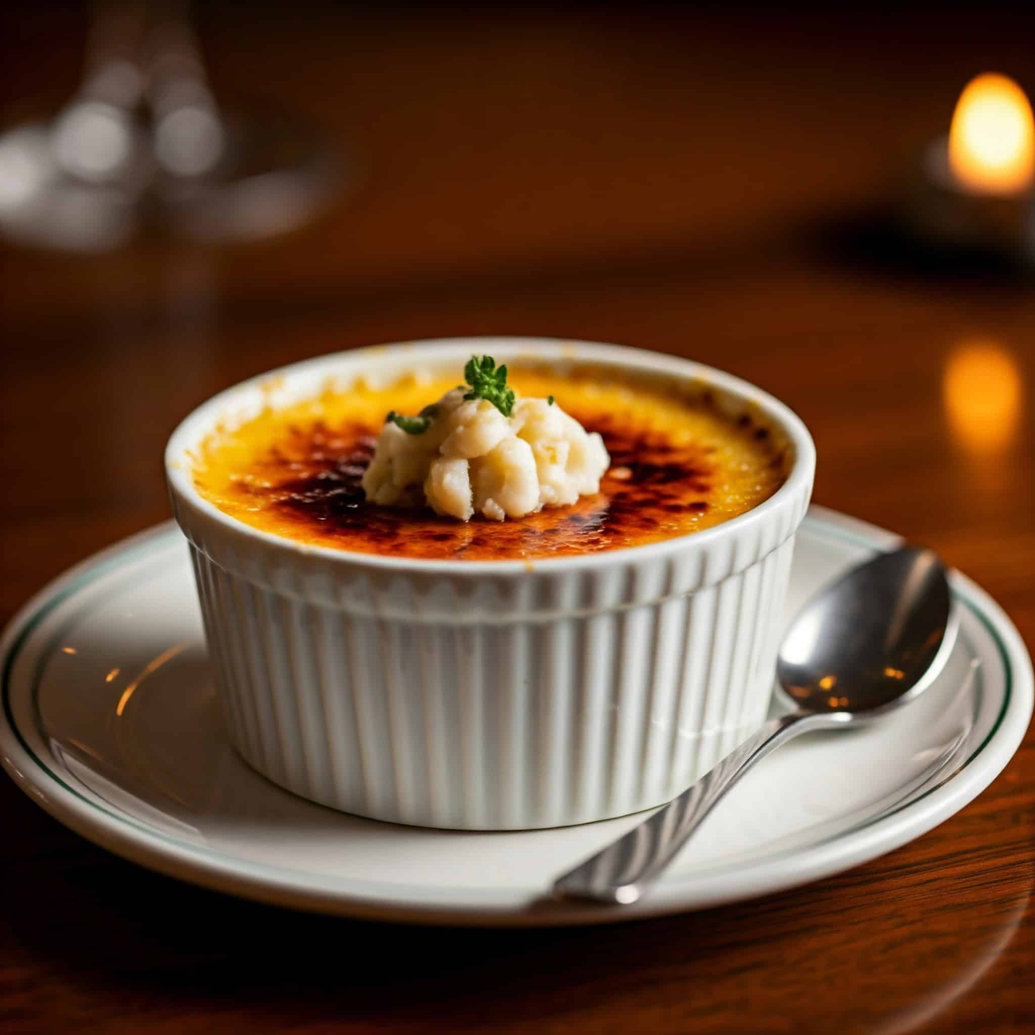 A white ramekin filled with crab brulee, showing the golden-brown caramelized crust and a garnish of crab meat