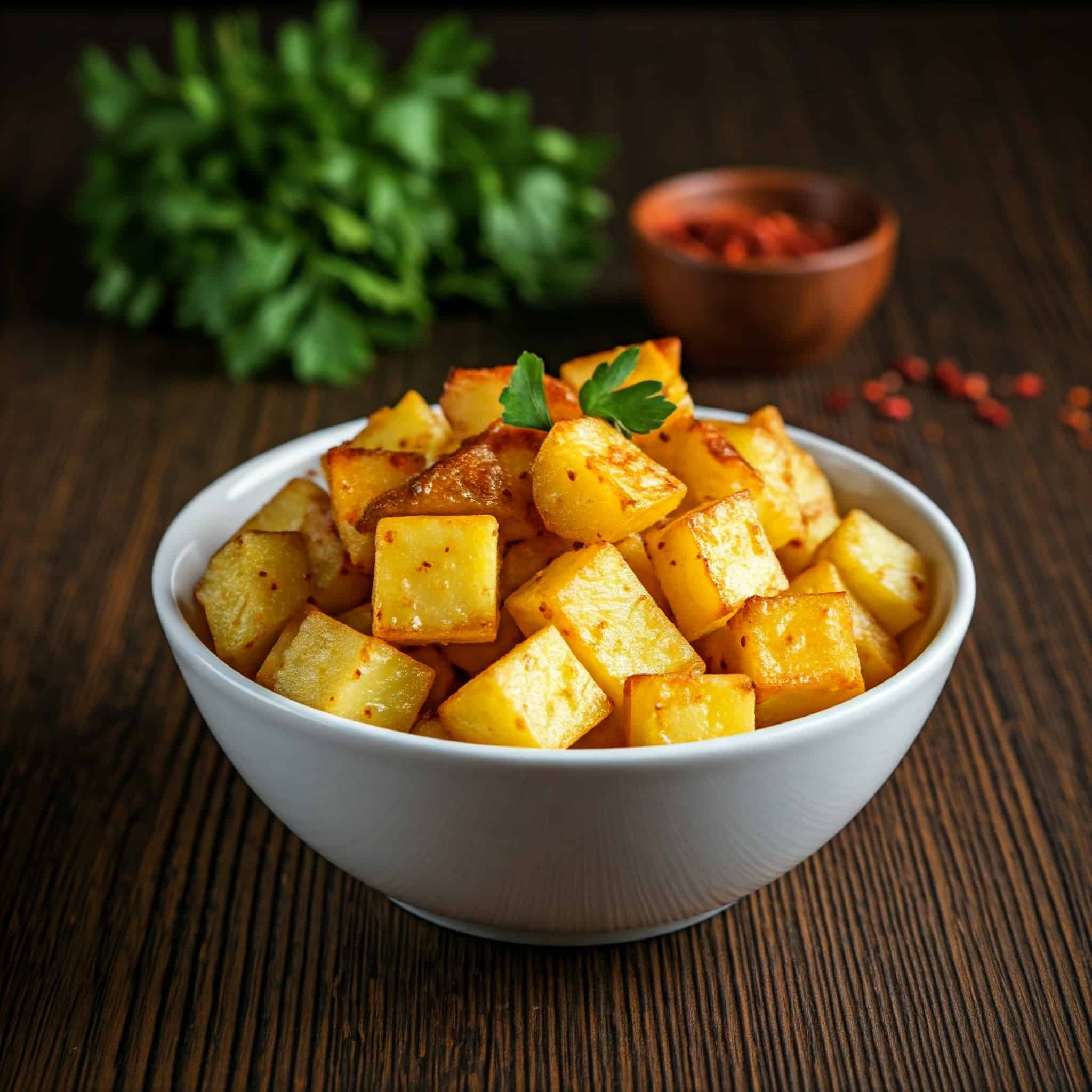 A white bowl filled with roasted diced potatoes seasoned with herbs and spices