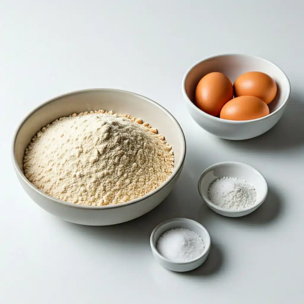 Ingredients for making gluten free egg noodles: a bowl of gluten-free flour, a bowl with three brown eggs, and small bowls of salt and (likely) xanthan gum.