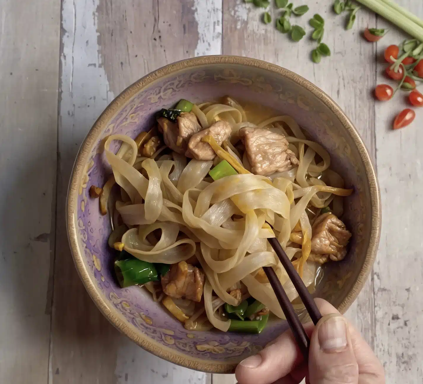 Alt text: A close-up of a bowl filled with gluten free egg noodles, stir-fried with vegetables and tender pieces of meat