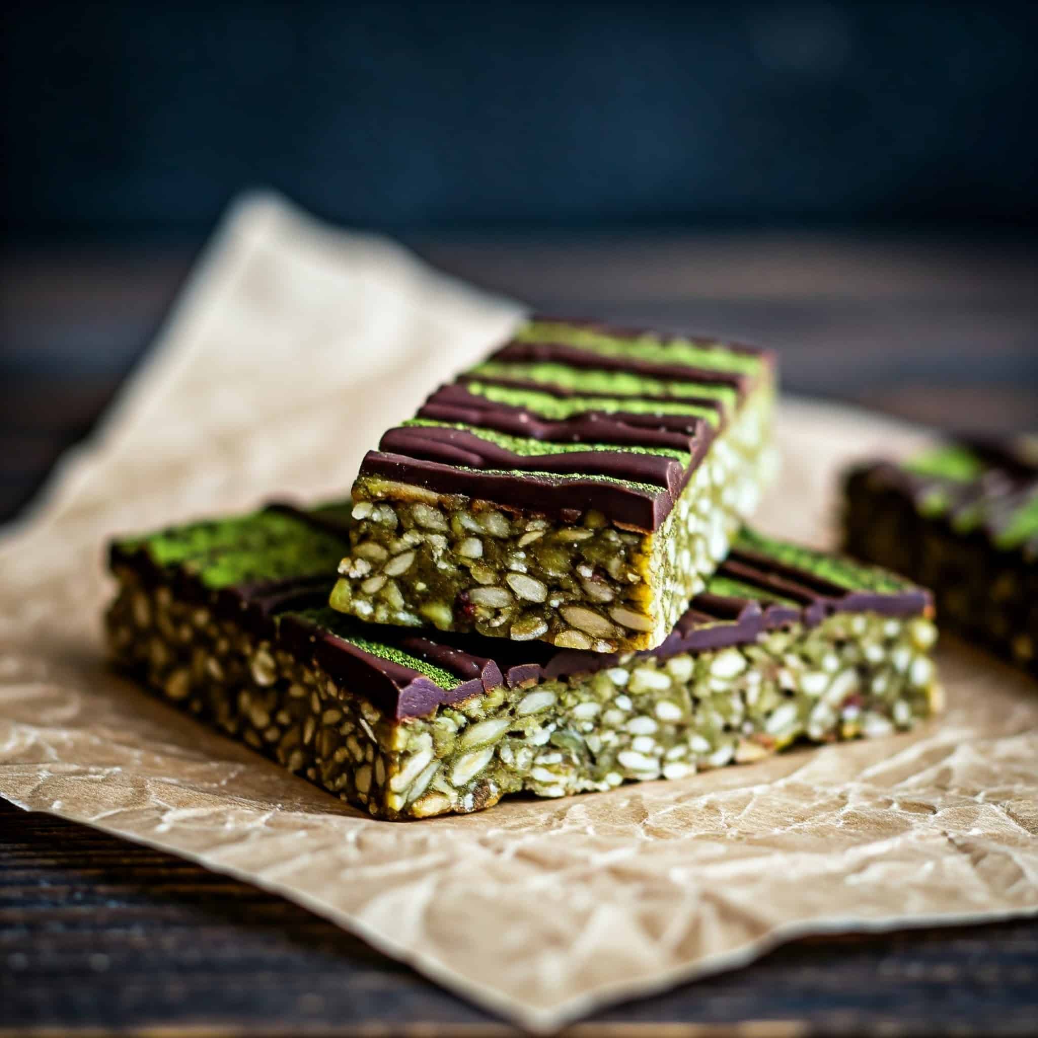 Two vegan chocolate matcha energy bars, drizzled with melted dark chocolate, rest on a piece of brown parchment paper.