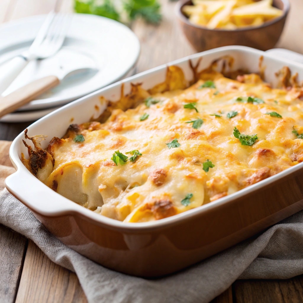 Creamy scalloped potatoes recipe with cheese powder, garnished with parsley, in a rustic baking dish.