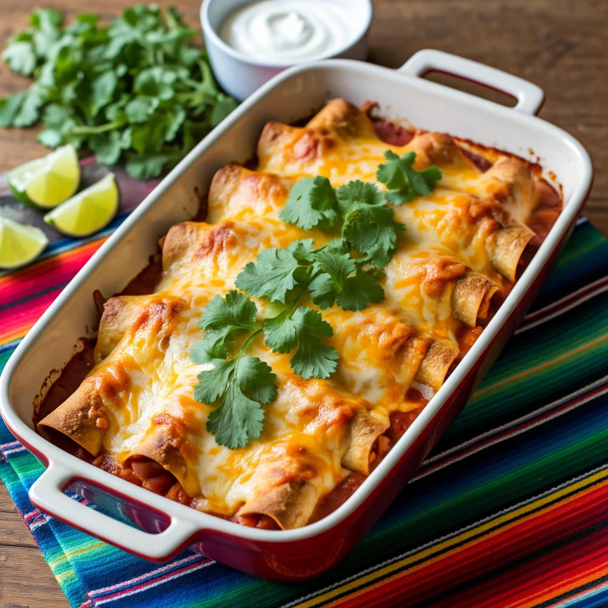 A casserole dish of Boulders enchiladas covered in melted cheese and garnished with fresh cilantro, served with sour cream and lime wedges