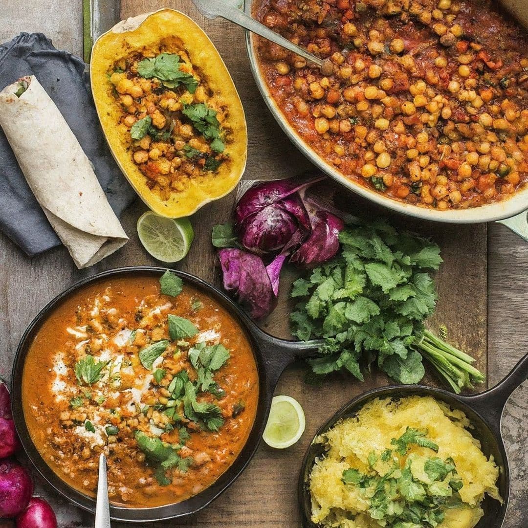 A vibrant table spread featuring dishes from JustALittleBite recipes, including a pot of chickpea stew, a creamy curry, spaghetti squash topped with herbs, and fresh vegetables like cilantro, lime, and radicchio