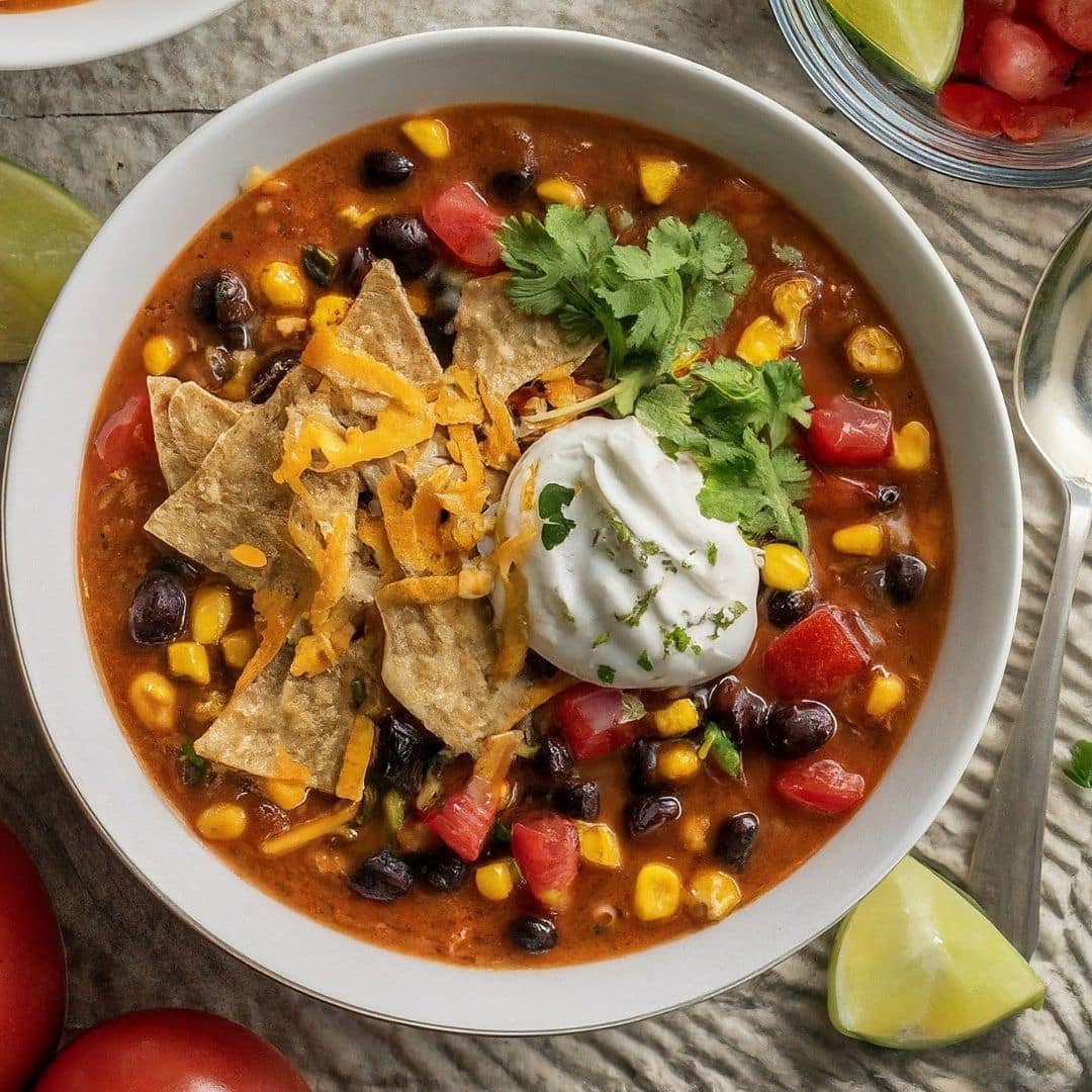 A vibrant bowl of taco soup frios recipe topped with tortilla chips, shredded cheese, sour cream, fresh cilantro, and surrounded by diced tomatoes and lime wedges