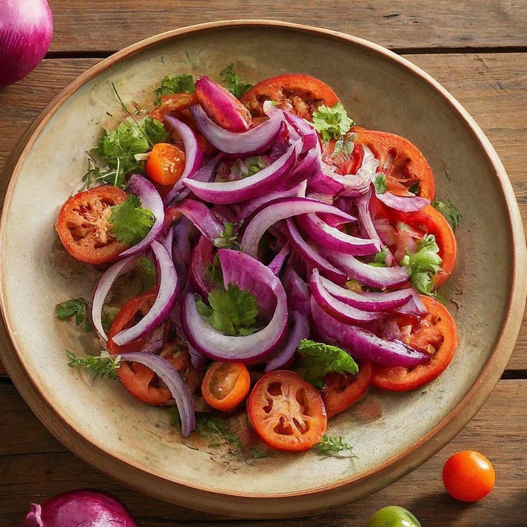 A fresh "cebola ensalada" featuring thinly sliced red onions, tomato slices, cherry tomatoes, and fresh cilantro, served on a rustic plate