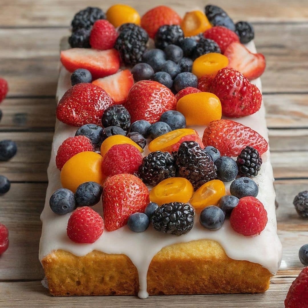 A beautifully decorated kefir sheet cake topped with a smooth glaze and a colorful assortment of fresh berries, including strawberries, blackberries, raspberries, blueberries, and golden berries.