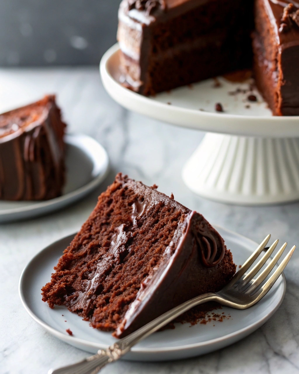 A slice of decadent Matilda chocolate cake with smooth fudge frosting, fork cutting into it