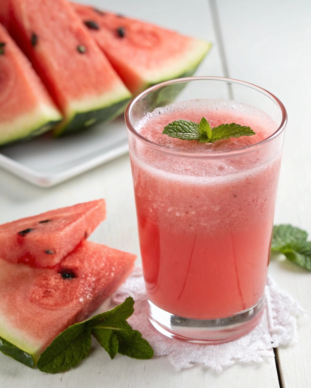 A refreshing glass of watermelon juice garnished with mint, served with fresh watermelon slices in the background.