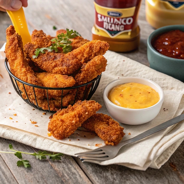 Crispy golden chicken fries served with dipping sauces on a rustic wooden table.